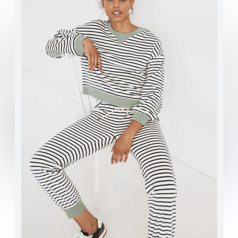 Madewell Black & White Striped Knit Lounge Set with Sage Trim